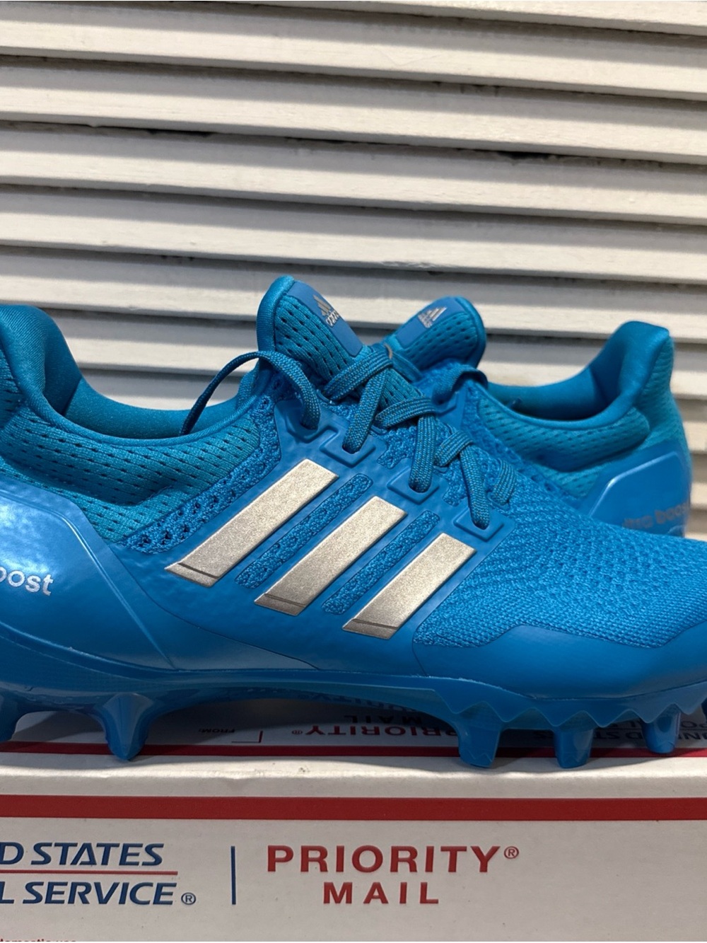 New Adidas Ultraboost Primeknit Football Cleats Blue Silver Men’s Size 11 JP7412